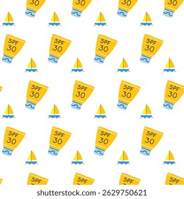 Summer seamless pattern with spf cream and yacht. Sunscreen seamless pattern.