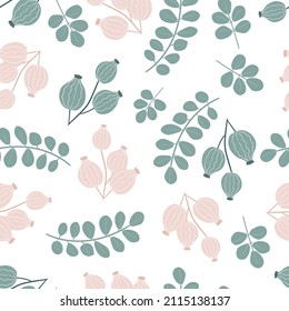 Patrón veraniego sin soldadura con brotes de hojas y bayas de ​ gris y rosa sobre fondo blanco para tela textil, impresión, papel pintado, prendas de vestir, envoltura