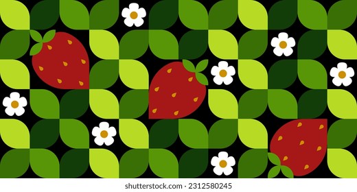 Summer seamless pattern with srawberry, flowers and leaves. Cute strawberry background. Cute geometric design