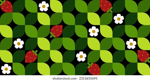 Summer seamless pattern with srawberry, flowers and leaves. Cute strawberry background. Cute geometric design