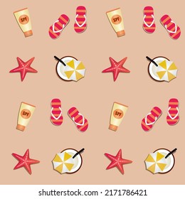 Summer seamless pattern with starfish, coconut cocktails and flip-flops. Vector illustration.