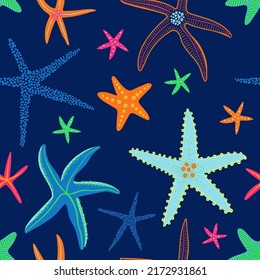 Summer seamless pattern with starfish. Marine whimsical print design with stars.