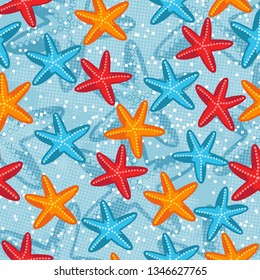 Summer seamless pattern with starfish on blue background, vector illustration