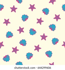 Summer seamless pattern with starfishes and shells