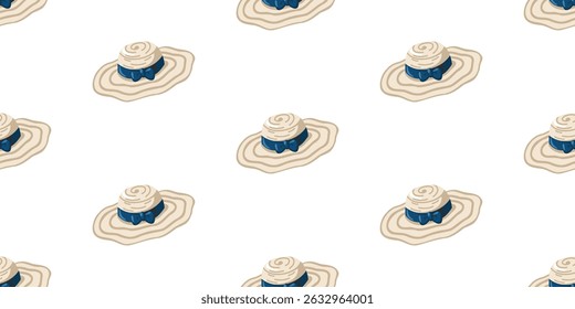 Summer seamless pattern with straw hat with blue ribbon. Vector background in cartoon style