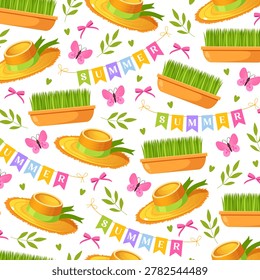 Summer Seamless Pattern with Straw Hats, Green Grass in Flowerpots, Cute Butterflies and Colorful Festive Bunting Garland, Vector Picnic and Gardening Background for Textile Print.