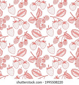 Summer seamless pattern with strawberries and blackberries drawn in the doodle style. Berry illustration with linear elements for printing on fabric, packaging, paper, wallpaper, etc.