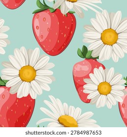 Summer seamless pattern with strawberries and daisies. Vector.
