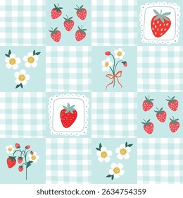 Verano sin patrón con fresas y flores, Fondo de pantalla coqueta en colores delicados, fondo de estilo vintage