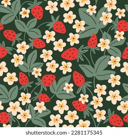 Summer seamless pattern with strawberries. Wild forest berry - flowers and leaves vector print