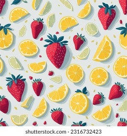 Summer seamless pattern. Strawberry, lime, cherry. Strawberry and Lime  Bright berry. Outline vector illustration. Organic food eco template for menu, jam or juice label, textile, wallpaper