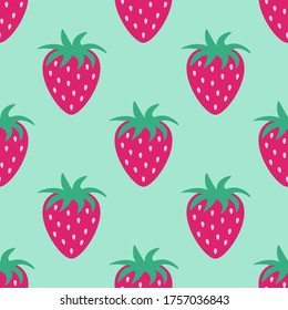 Summer seamless pattern with strawberry on green background. Vector illustration