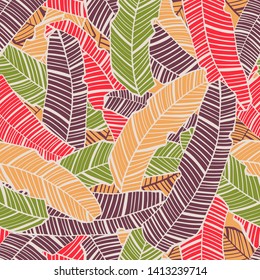 Summer seamless pattern with striped banana leafs.