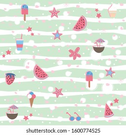 Summer Seamless Pattern. Stylized Summer Elements with shadows. Vector Illustration