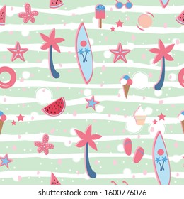 Summer Seamless Pattern. Stylized Summer Elements with shadows. Vector Illustration