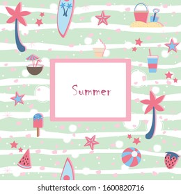 Summer Seamless Pattern. Stylized Summer Elements with shadows. Vector Illustration