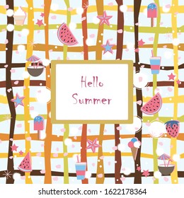 Summer Seamless Pattern. Stylized Summer Elements with shadows. Vector Illustration