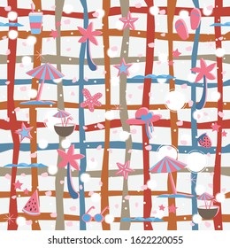 Summer Seamless Pattern. Stylized Summer Elements with shadows. Vector Illustration