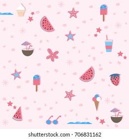 Summer Seamless Pattern. Stylized Summer Elements with shadows. Food and Drinks. Vector Illustration