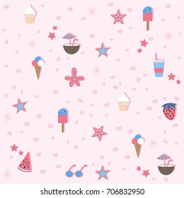 Summer Seamless Pattern. Stylized Summer Elements with shadows. Vector Illustration. Drinks and Food. Summer Collection.