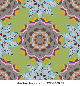 Summer seamless pattern with stylized flowers. Vector ornate zentangle seamless texture, pattern with abstract floral mandalas on green, neutral and gray colors. Can be used for wallpaper, web page.