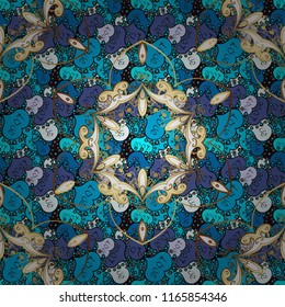 Summer seamless pattern with stylized flowers. Vector ornate zentangle seamless texture, pattern with abstract floral mandalas on blue, black and violet colors. Can be used for wallpaper, web page.