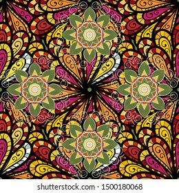 Summer seamless pattern with stylized flowers. Can be used for wallpaper, web page. Vector ornate zentangle seamless texture, pattern with abstract floral mandalas on yellow, green and black colors.