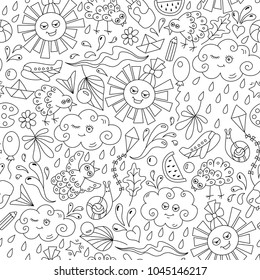 Summer seamless pattern with sun, cloud, water drops, toy, ice cream, watermelon, balloon, leaves, bird, paper boat, airplane, kite, snail. Colored page background for kids. Black + white. Vector