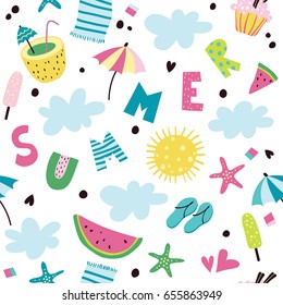 Summer. Seamless pattern with sun, clouds, sea, slippers, cocktails and other summer attributes.