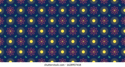 Summer seamless pattern with sun, geometric flower and leaf branch. Spring floral texture and background to print on fabric, textile tissue, wrapping paper and packaging. Vector illustration