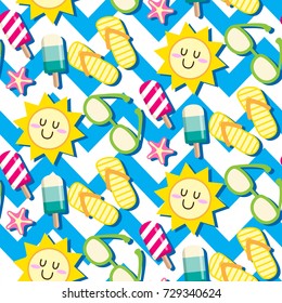 summer seamless pattern, sun, glasses, slipper, popsicle