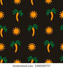 Patrón veraniego sin fisuras con sol y palmas. Repite la ilustración vectorial de la palmera y el sol. Estilo plano mínimo sobre fondo negro