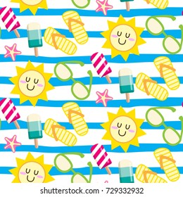 summer seamless pattern, sun, popsicle, glasses, slipper