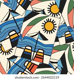 Verão padrão sem emenda com sol, mar e praia, elementos de design. Padrão de verão para convites, cartões, impressão, papel de presente, fabricação, têxtil, tecido, papéis de parede