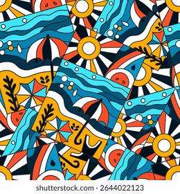 Verão padrão sem emenda com sol, mar e praia, elementos de design. Padrão de verão para convites, cartões, impressão, papel de presente, fabricação, têxtil, tecido, papéis de parede