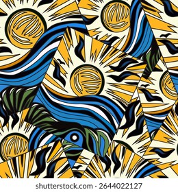 Verão padrão sem emenda com sol e mar, elementos de design. Padrão de verão para convites, cartões, impressão, papel de presente, fabricação, têxtil, tecido, papéis de parede