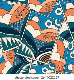 Verão padrão sem emenda com sol, mar e montanhas, elementos de design. Padrão de verão para convites, cartões, impressão, papel de presente, fabricação, têxtil, tecido, papéis de parede