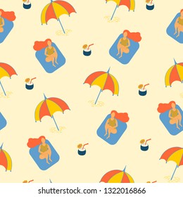 Summer seamless pattern of sunbathing girl with cocktail under beach umbrella. Vector illustration of woman with parasol on the sand. 
