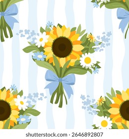 Summer seamless pattern with sunflower bouquets and blue ribbons on striped background Bright floral design for kitchen textiles, gift wrapping and cheerful eco-friendly packaging. Vector illustration