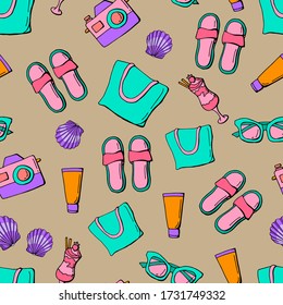 Summer seamless pattern of sunglasses, cocktail, slippers, beach bag, camera, seashells, sunscreen. Stock illustration. Design for wallpaper, fabric, textile, packaging.
