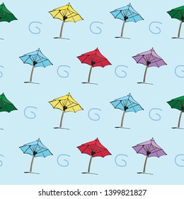 Summer seamless pattern Sunshade on blue background Vector illustration  