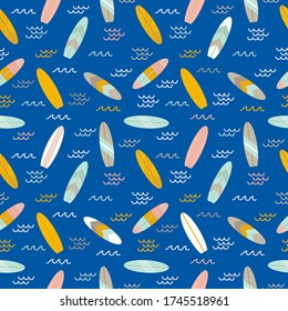 Summer seamless pattern with surfboards. Cute sea, ocean background. Flat style design. Vector illustration