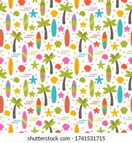Summer seamless pattern with surfboards, palm trees and shells. Cute sea background. Vector illustration