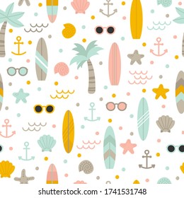Summer seamless pattern with surfboards, palm trees, anchors, sunglasses and shells. Cute sea, ocean background. Vector illustration