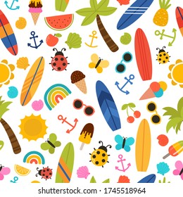 Summer seamless pattern with surfboards, palm trees, anchors, sunglasses and shells. Design for fabric, textile or wrapping paper. Vector illustration