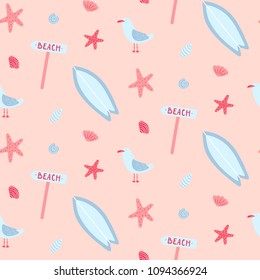 Summer seamless pattern with surfboards and seagulls. Beach time. Vector wallpaper. 