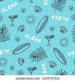 Summer seamless pattern with surfboards, tropical leaves and flowers, cocktails, sun and "aloha" lettering. Beach accessories on blue background hand drawn in vintage sketch style for textile, apparel