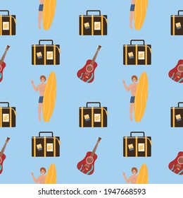 Summer seamless pattern with surfer, traveler's suitcase, acoustic guitar. Vector illustration in flat style