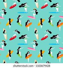 Summer seamless pattern with Surfing girls on the surf boards.Background can be used for wallpapers, pattern fills, surface textures.