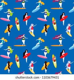 Summer seamless pattern with Surfing girls on the surf boards.Background can be used for wallpapers, pattern fills, surface textures.